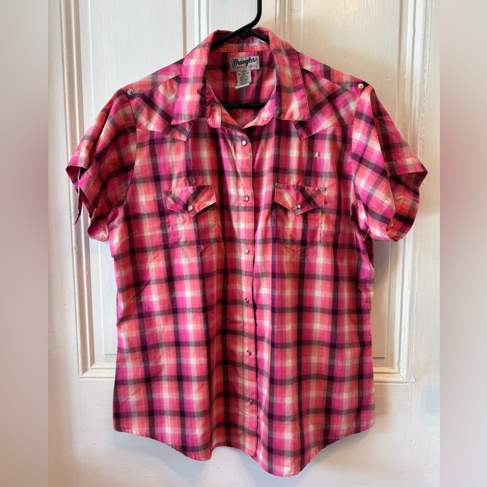Wrangler Rancher Shirt Women XL Pink Plaid Western Cowgirl Pearl Snap